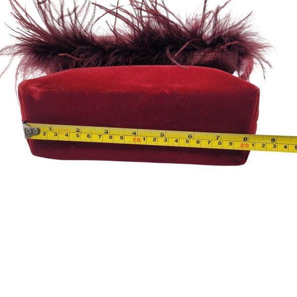 Vtg BeBe Red Maroon Wine Velvet Evening Bag Feather Fringe Formal Shoulder Bag - Picture 10 of 16